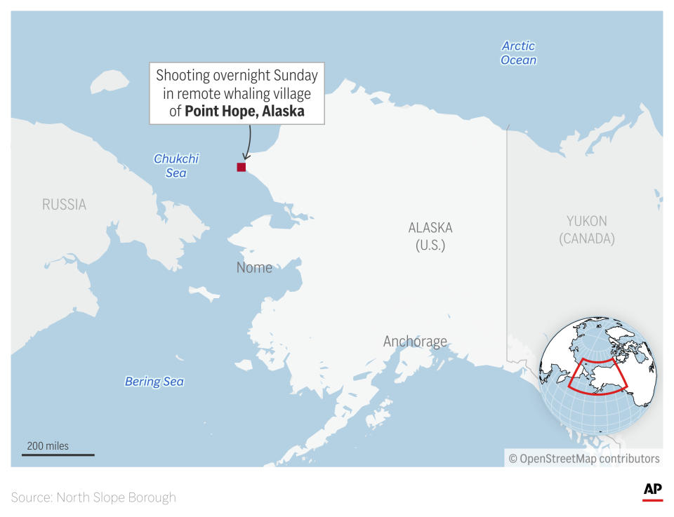 A shooting at a home has left two people dead and two others injured in a small Inupiat whaling village on Alaska's remote northwest coast. (AP Graphic)