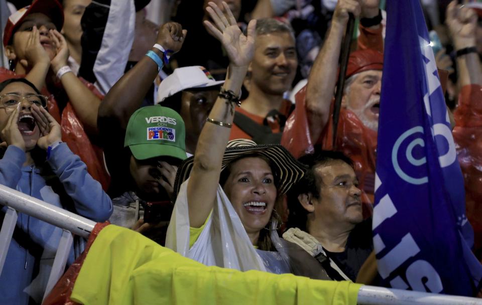 Supporters of Historical Pact coalition presidential candidate Gustavo Petro, attend a campaign rally in Medellin, Colombia, Friday, May 20, 2022. (AP Photo/Jaime Saldarriaga)