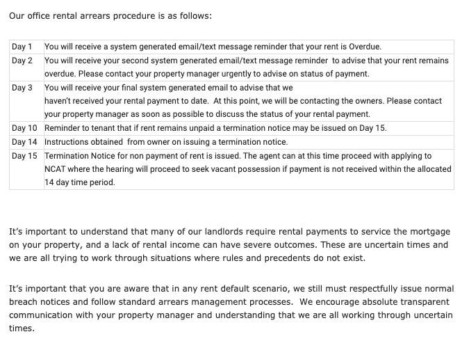 Some Ray White tenants were sent emails that stated the eviction procedure would follow if rent was not paid. (Source: Supplied)