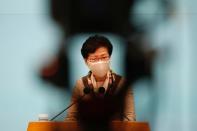 Hong Kong Chief Executive Carrie Lam, wearing a mask due to the ongoing global outbreak of the coronavirus (COVID-19), speaks during a news conference over the new national security legislation in Hong Kong