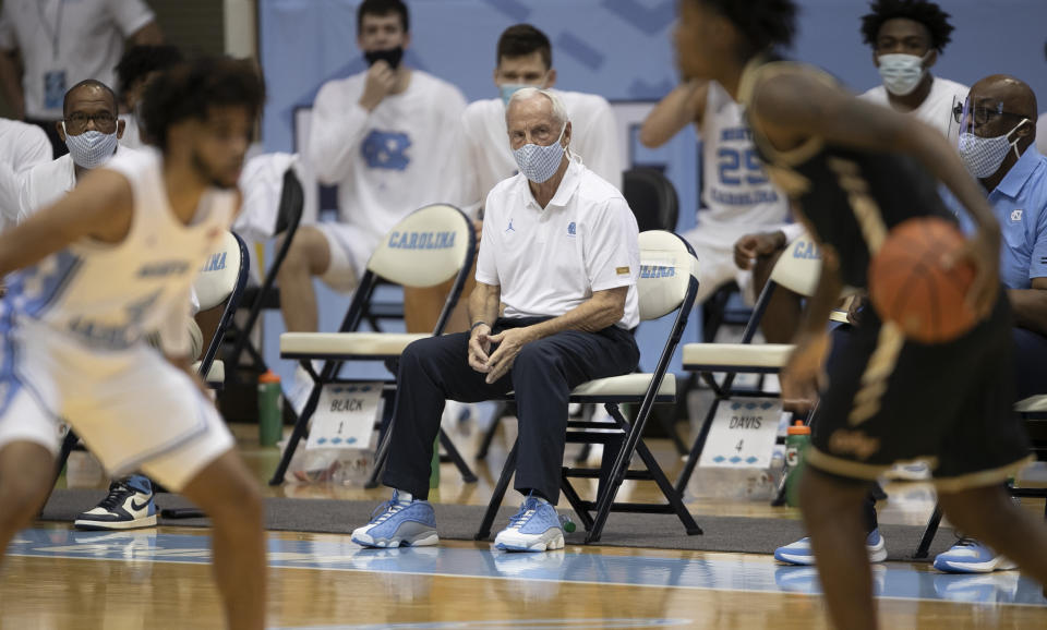 North Carolina coach Roy Williams watches his team on defense in first half against College of Charleston during the first half of an NCAA college basketball game Wednesday, Nov. 25, 2020, in Chapel Hill, N.C. (Robert Willett/The News & Observer via AP, Pool)