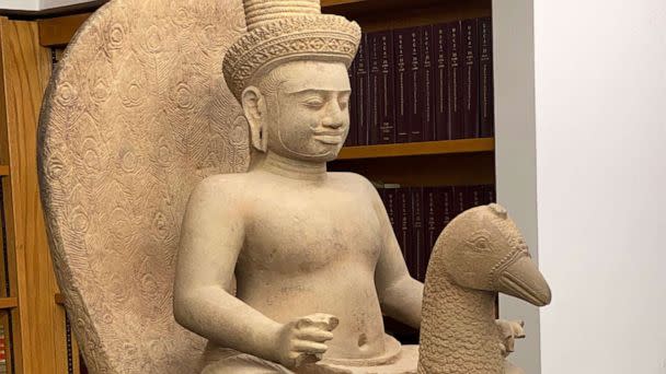 PHOTO: 10th Century Khmer sandstone statue Skanda on a Peacock is pictured in an undated photo. (Aaron Katersky)