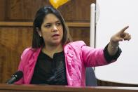 Housecleaner Glaucia Santos testifies during the murder trial of former NFL player Aaron Hernandez at the Bristol County Superior Court in Fall River, Massachusetts, March 3, 2015. REUTERS/Dominick Reuter (UNITED STATES - Tags: CRIME LAW SPORT FOOTBALL)