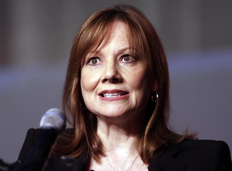 Mary Barra , CEO of General Motors, speaks at the 2014 Automotive Forum, Tuesday, April 15, 2014 in New York. The forum is sponsored by the National Automobile Dealers Association (NADA) and J.D. Power. (AP Photo/Mark Lennihan)