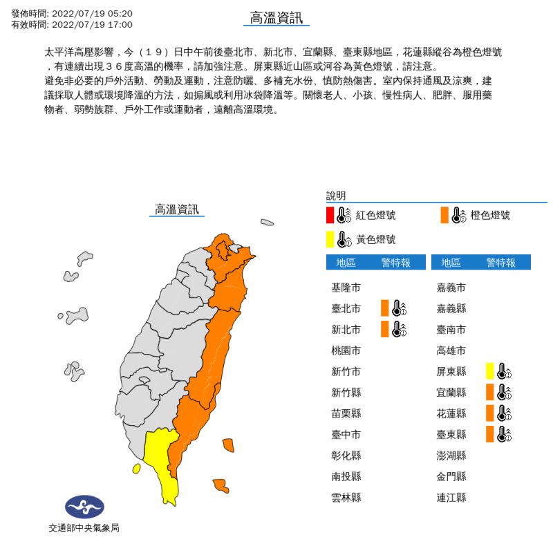 ▲中午前後臺北市、新北市、宜蘭縣、臺東縣地區，花蓮縣縱谷為橙色燈號，有連續出現36度高溫的機率。（圖／氣象局提供）