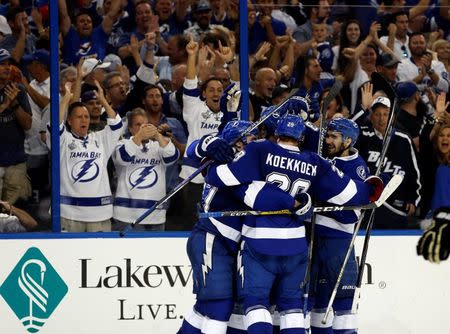 May 24, 2016; Tampa, FL, USA; Tampa Bay Lightning center Brian Boyle (11) is congratulated after he scored a goal against the Pittsburgh Penguins during the third period of game six of the Eastern Conference Final of the 2016 Stanley Cup Playoffs at Amalie Arena. Mandatory Credit: Kim Klement-USA TODAY Sports