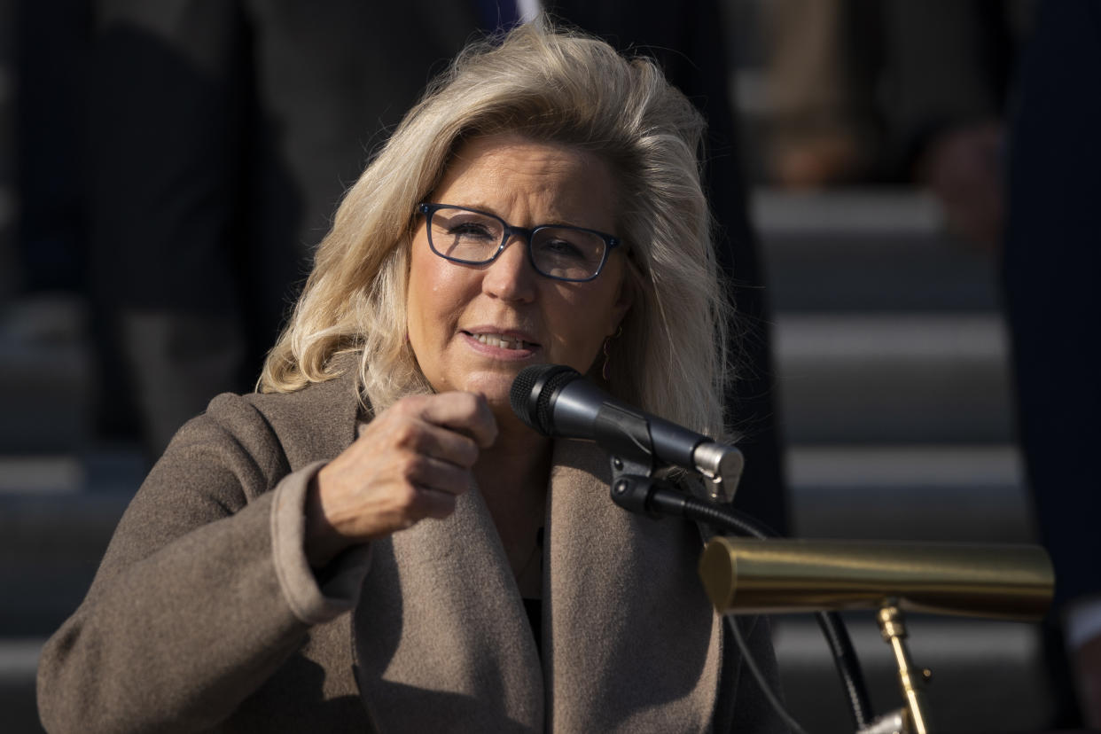 Rep. Liz Cheney (R-WY) speaks during a news conference with fellow House Republicans outside the U.S. Capitol December 10, 2020 in Washington, DC. (Drew Angerer/Getty Images)