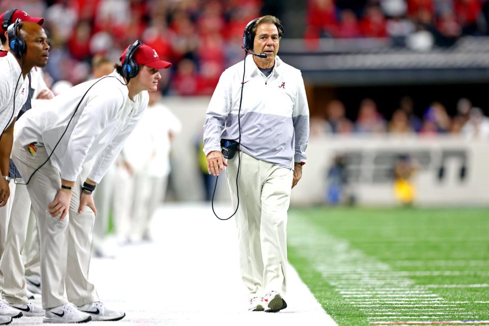 Alabama coach Nick Saban walks the sidelines during the second half against Georgia in the College Football Playoff championship game at Lucas Oil Stadium.