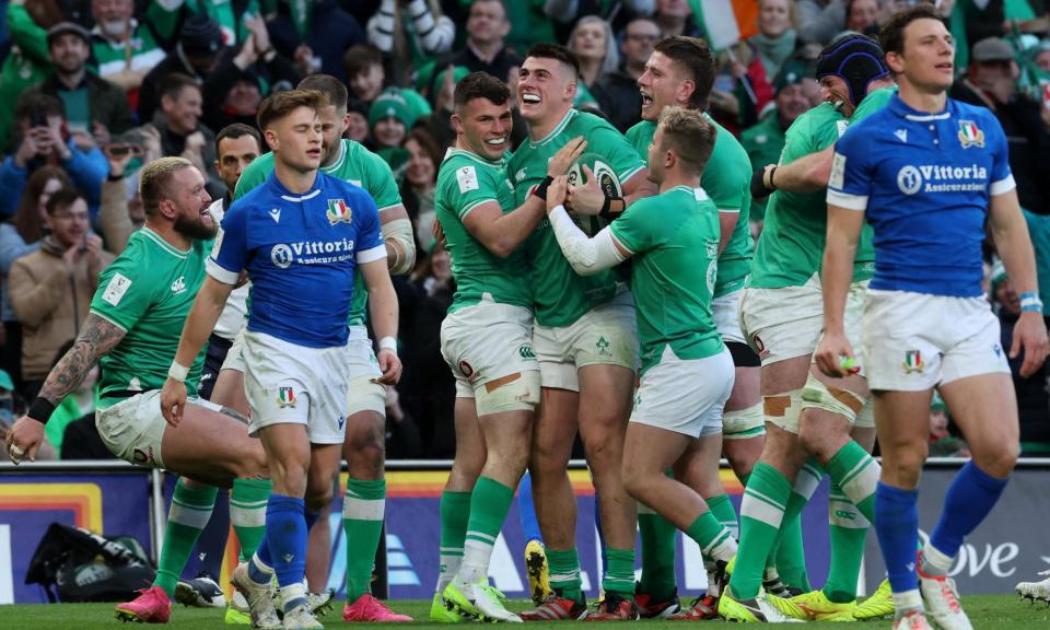 <span>Dan Sheehan celebrates after scoring his second try and <a class="link " href="https://sports.yahoo.com/soccer/teams/republic-of-ireland-women/" data-i13n="sec:content-canvas;subsec:anchor_text;elm:context_link" data-ylk="slk:Ireland;sec:content-canvas;subsec:anchor_text;elm:context_link;itc:0">Ireland</a>’s fourth. </span><span>Photograph: Lorraine O’Sullivan/Reuters</span>