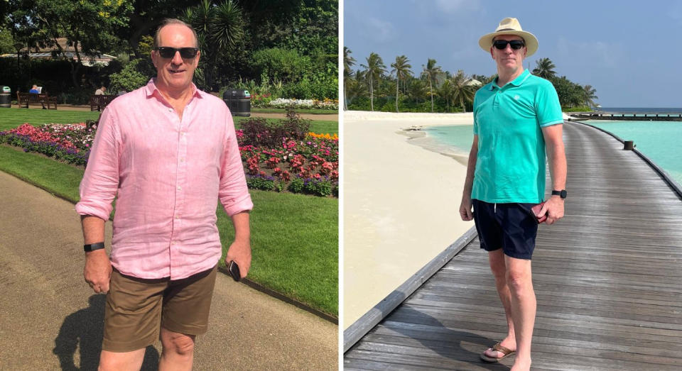 John Shead lost over four stone on the diet and says cooking everything from scratch was the biggest change (pictured before on left and after). (Supplied)