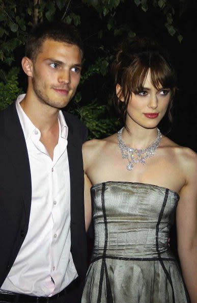 Actor who played Christian Grey in "50 Shades of Gray" and actor who played Elizabeth Swan in "Pirates of the Caribbean" standing together