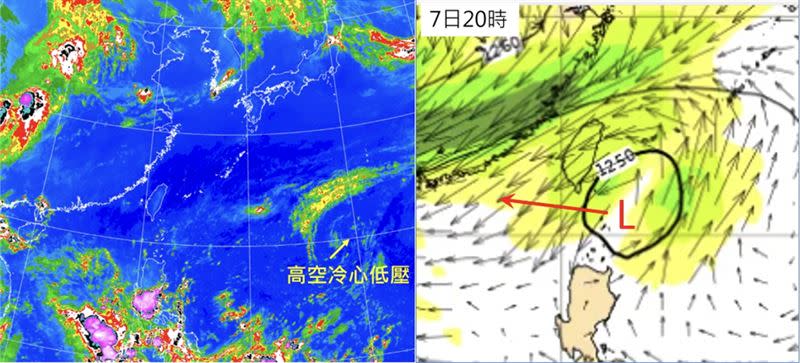 5日4時紅外線色調強化雲圖顯示，高空冷心低壓在台灣東方約2000公里處（左圖）。4日20時歐洲模式200百帕風場模擬圖顯示，高空冷心低壓7日20時已前進至台灣東南部近海（右圖）。