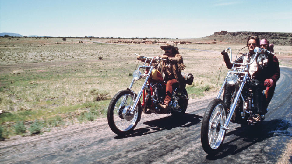 Editorial use only. No book cover usage. Mandatory Credit: Photo by Columbia/Kobal/Shutterstock (5885924ag) Dennis Hopper, Peter Fonda Easy Rider - 1969 Director: Dennis Hopper Columbia USA Scene Still Drama