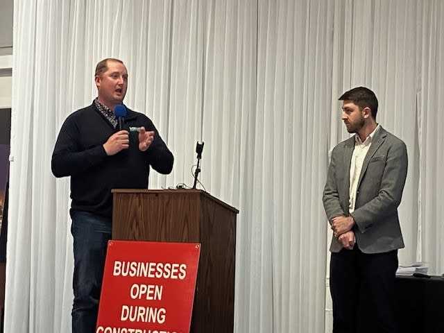 Jack Cullen, right, listens as Aaron Lubitz of Valley Construction talks about the project Wednesday, April 10, 2024 at The Stern Center (photo by Jonathan Turner).