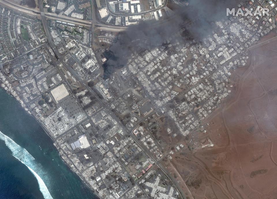 aerial view of Lahaina with smoke rising