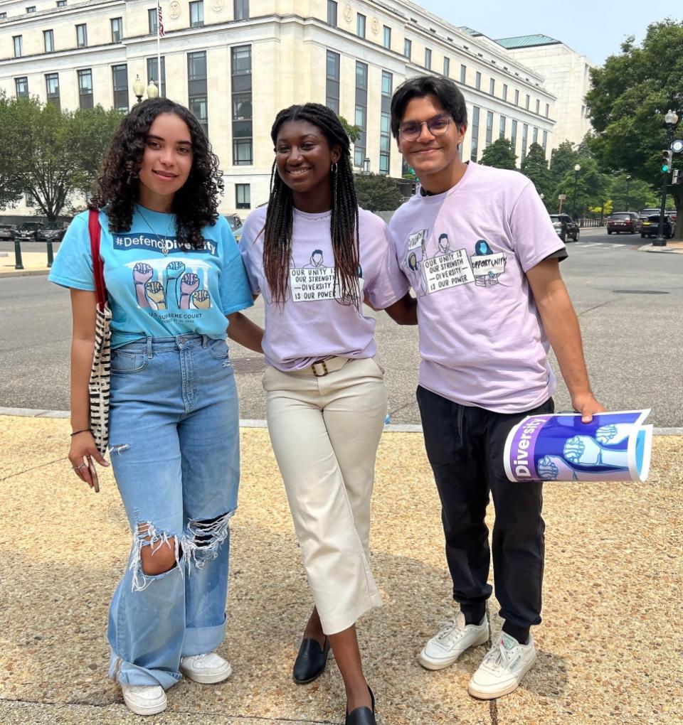 DC student rally to defend diversity 2023. The students (from left) are Elyse Martin-Smith, Nahla Owens, and Kashish Bastola.