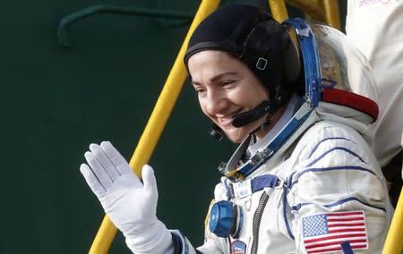 The International Space Station (ISS) crew member Jessica Meir of the U.S. boards the Soyuz MS-15 spacecraft for the launch at the Baikonur Cosmodrome