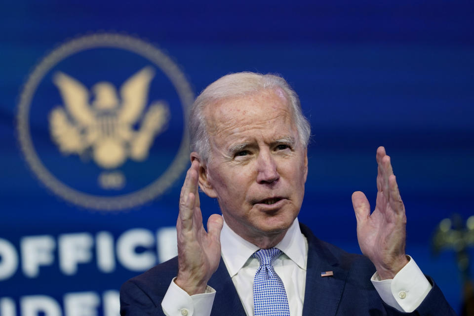 In this Jan. 6, 2021 file photo, President-elect Joe Biden speaks at The Queen theater in Wilmington, Del. (AP Photo/Susan Walsh)