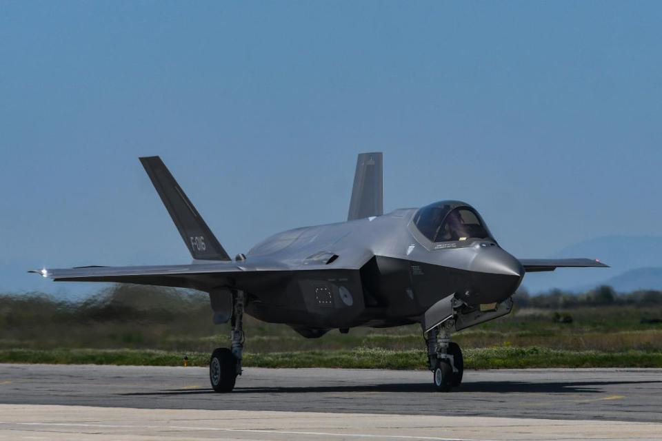 Lockheed Martin F-35 Lightning II jet before take off at Graf Ignatievo Air Force Base near Plovdiv, Bulgaria, on April 14, 2022.<span class="copyright">Georgi Paleykov—NurPhoto via Getty Images</span>