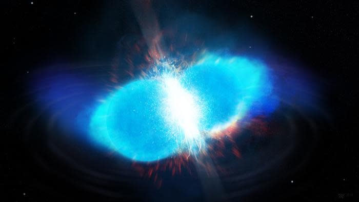  Two massive glowing blue spheres merge as they collide into one another in space. at the center of the collision is a bright white light. 