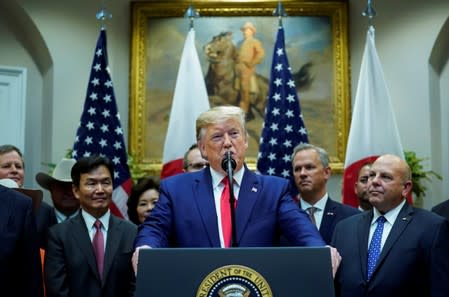 U.S. President Donald Trump speaks at signing ceremony for the U.S.-Japan Trade Agreement at White House in Washington