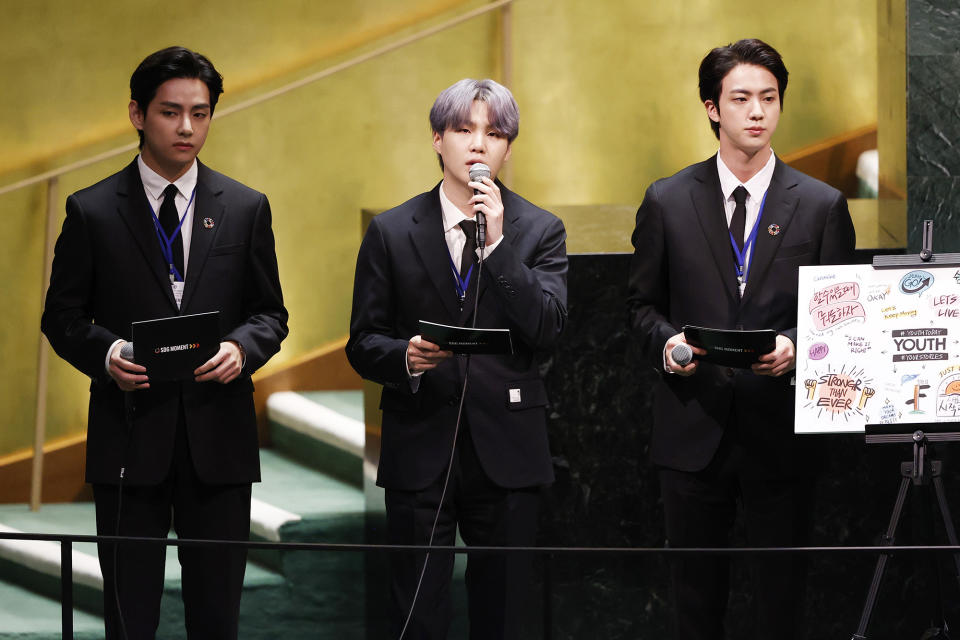 <p>Members of BTS come together on Sept. 20 to speak and perform at the Sustainable Development Goals meeting during the 76th session of the United Nations General Assembly at United Nations Headquarters in New York City.</p>