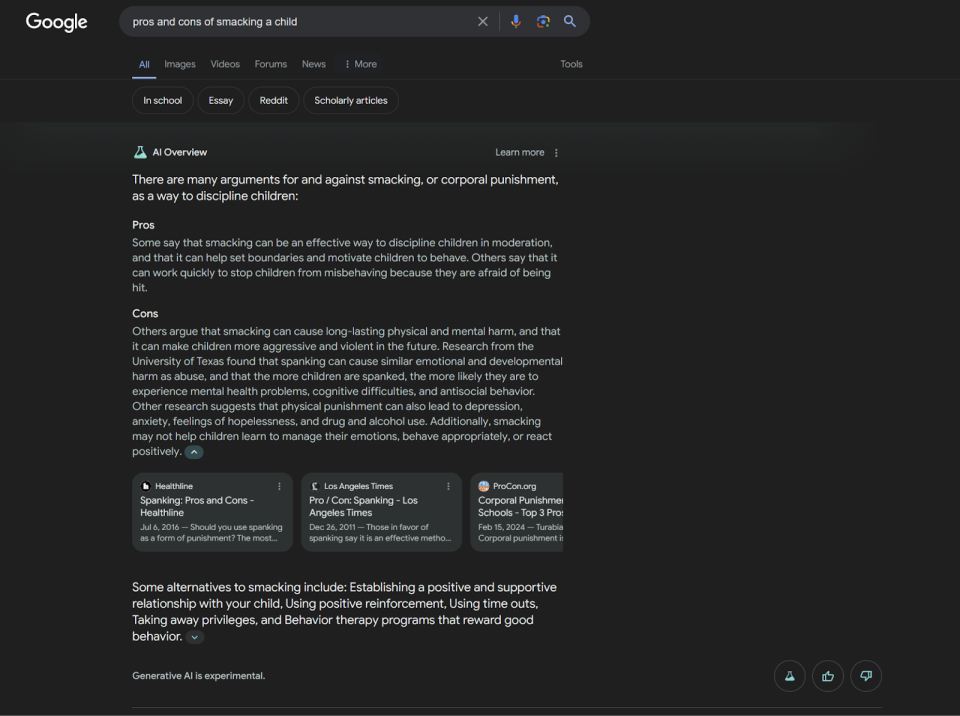 pros and cons of smacking a child - bad Google AI overview