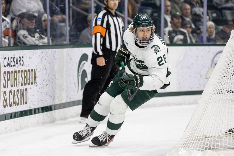 Michigan State forward Karsen Dorwart, shown in a game last season, scored two goals in the Spartans' 6-4 loss at Boston College on Thursday.