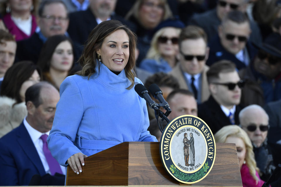 Kentucky Lt. Governor Jacqueline Coleman addresses the audience e gathered on the steps of the Kentucky State Capitol to witness her public swearing in ceremony in Frankfort, Ky., Tuesday, Dec. 12, 2023. (AP Photo/Timothy D. Easley)