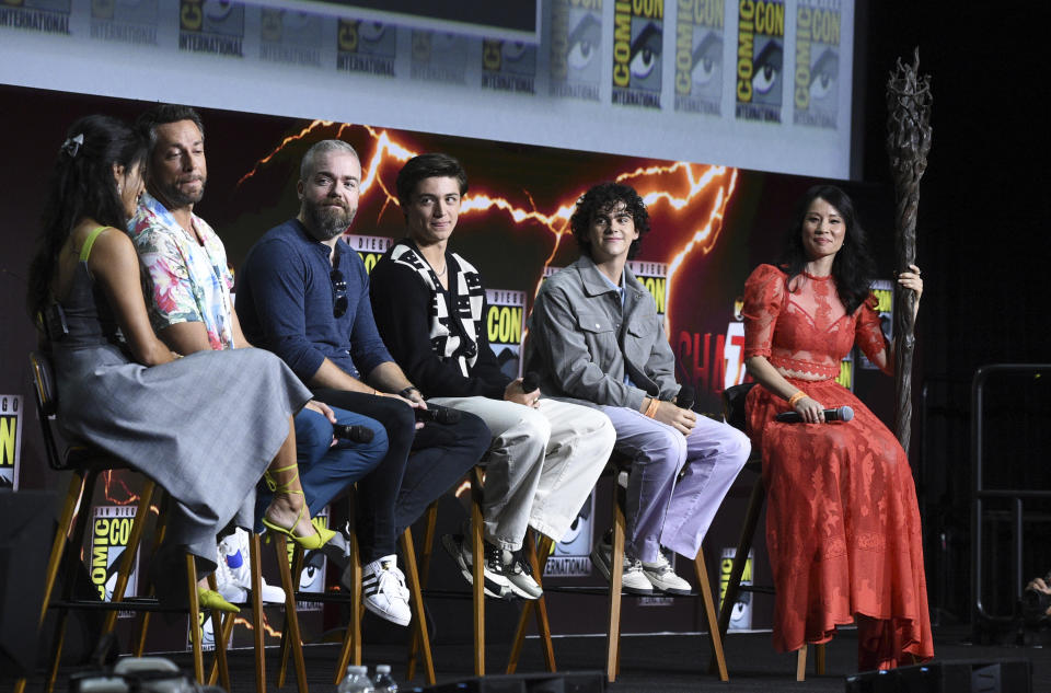 Zachary Levi, from second left, David F. Sandberg, Asher Angel, Jack Dylan Grazer and Lucy Liu attend the "Shazam! Fury of the Gods" portion of the Warner Bros. theatrical panel on day three of Comic-Con International on Saturday, July 23, 2022, in San Diego. (Photo by Richard Shotwell/Invision/AP)