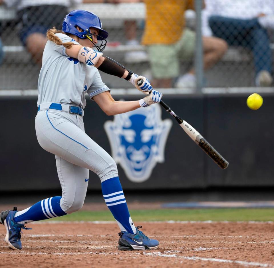 Duke right fielder Claire Davidson (7) connects for a two-run double in the sixth inning against Morgan State during the NCAA Softball Regional at Duke Softball Stadium on Friday, May 17, 2024 in Durham, N.C.