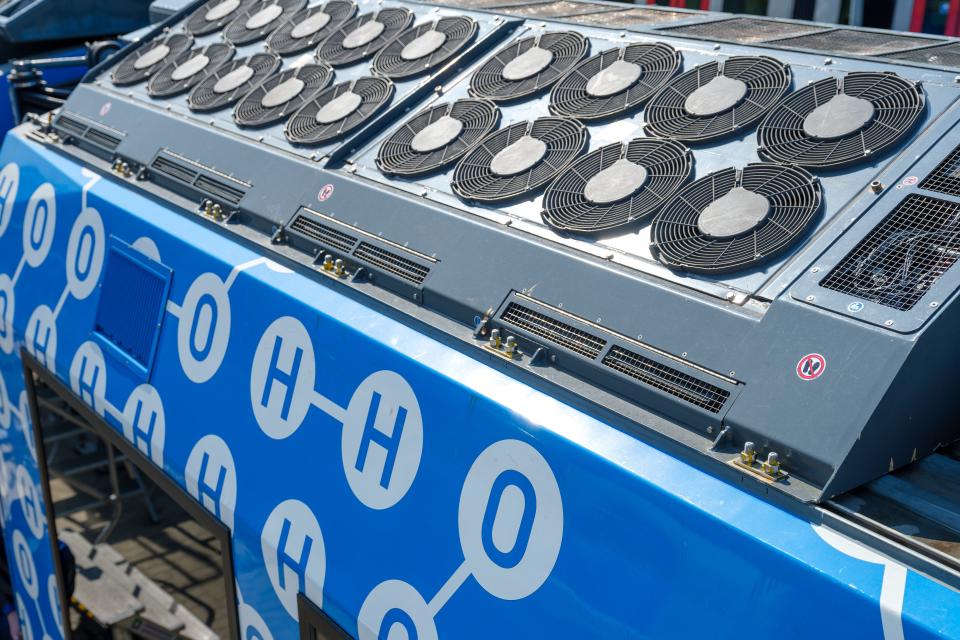 Fuel cells on a blue Coradia iLint hydrogen-powered train.