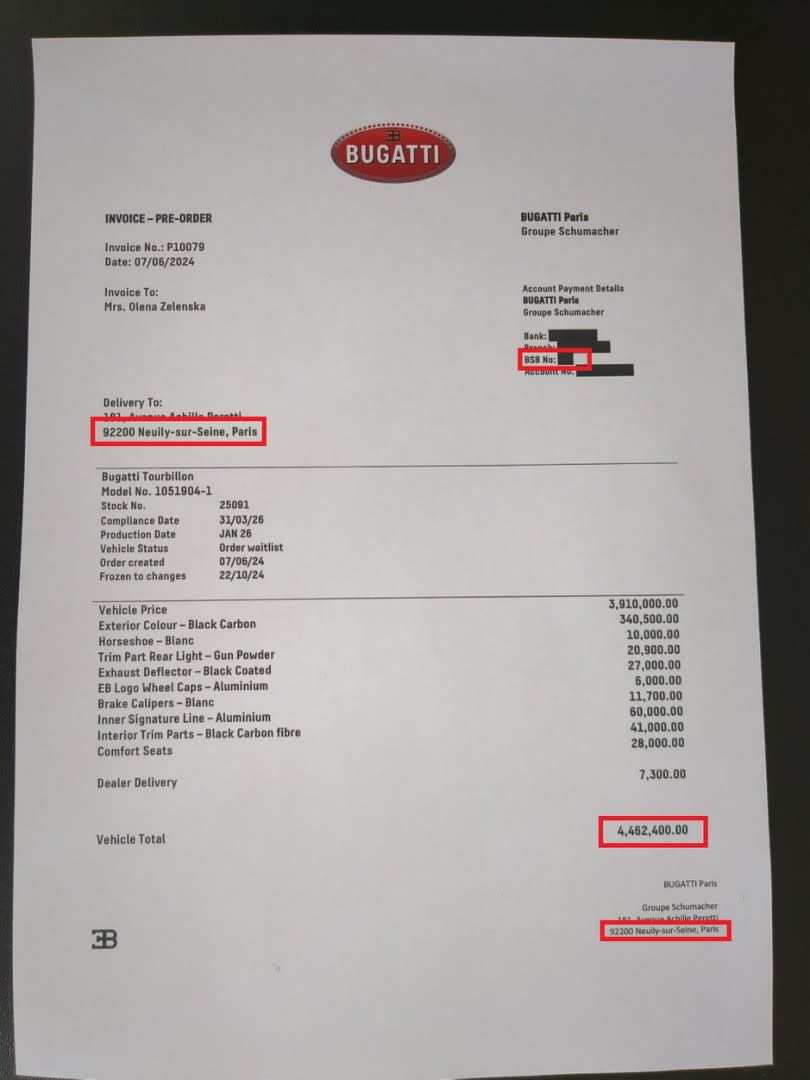 <span>Screenshot taken July 3, 2024 of a supposed Bugatti invoice, with elements highlighted by AFP</span>