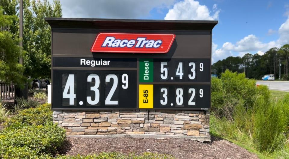 The monument sign in front of the RaceTrac gas station at the corner of Beville Road and Williamson Boulevard in Daytona Beach advertises that it is selling regular gasoline for $4.329 a gallon on Monday morning, July 11, 2022. Gas prices have slowly but steadily inched lower for the past month since hitting an all-time high average of $4.89 a gallon in Daytona Beach on June 13.