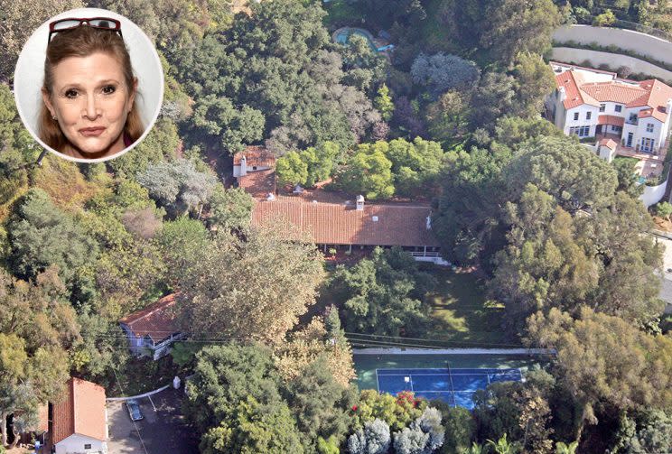 12433, BEVERLY HILLS, CALIFORNIA, November 2006, This is the home of actress Carrie Fisher which sits behind gates on a nearly 3 acre lot above the Beverly Hills Hotel. The 4,210 square foot Spanish style home has four bedrooms and four baths and was originally built in 1933 and last updated in 2002. The estate includes a swimming pool and tennis court and is currently valued at nearly $6 million.Photograph: Mike Carrillo, Celebrityhomephotos.com ***FEE MUST BE AGREED PRIOR TO USAGE*** UK OFFICE: +44 131 225 3333/3322 US OFFICE: 1 310 261 9676