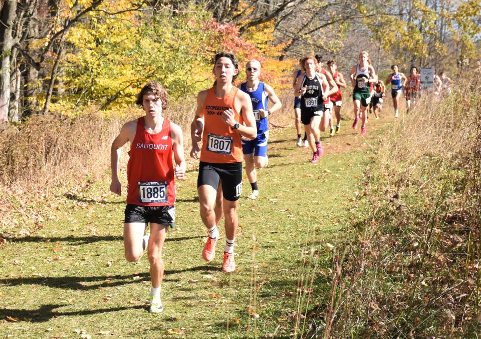 Sauquoit Valley Indian Kole Owens (1885), pictured leading early in the Oct. 22 boys' Center State Conference championship cross country race on the Herkimer College campus, was the top Section III finisher Saturday at the New York State Federation meet.
