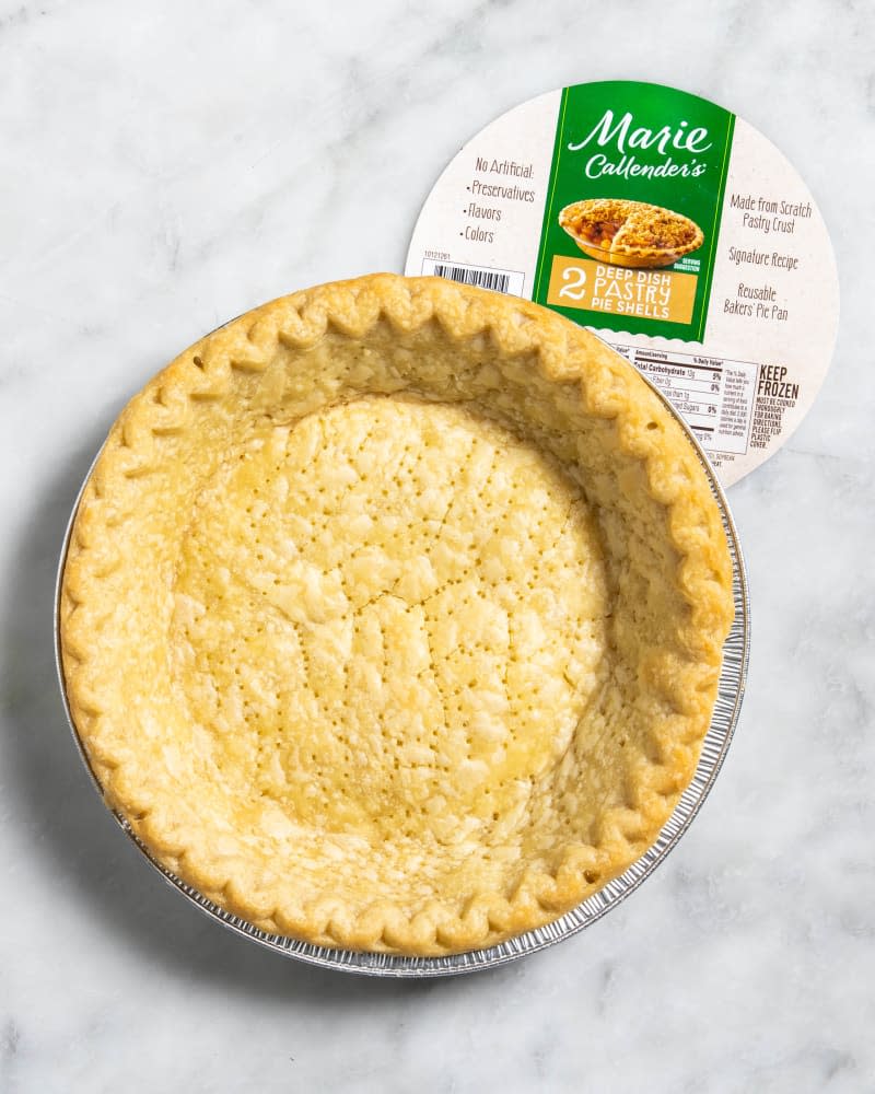 Overhead view of a baked, plain, Marie Callender's brand frozen pie crust.