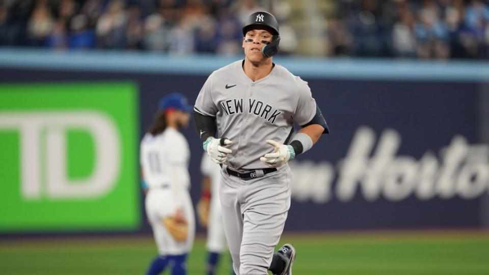 May 18, 2023; Toronto, Ontario, CAN; New York Yankees designated hitter Aaron Judge (99) runs the bases after hitting a two run home run against the Toronto Blue Jays during the first inning at Rogers Centre.