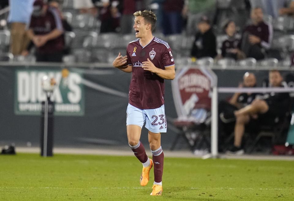 Colorado Rapids midfielder Cole Bassett celebrates a goal against the Vancouver Whitecaps during the second half of an MLS soccer match Wednesday, Sept. 27, 2023, in Commerce City, Colo. (AP Photo/Jack Dempsey)