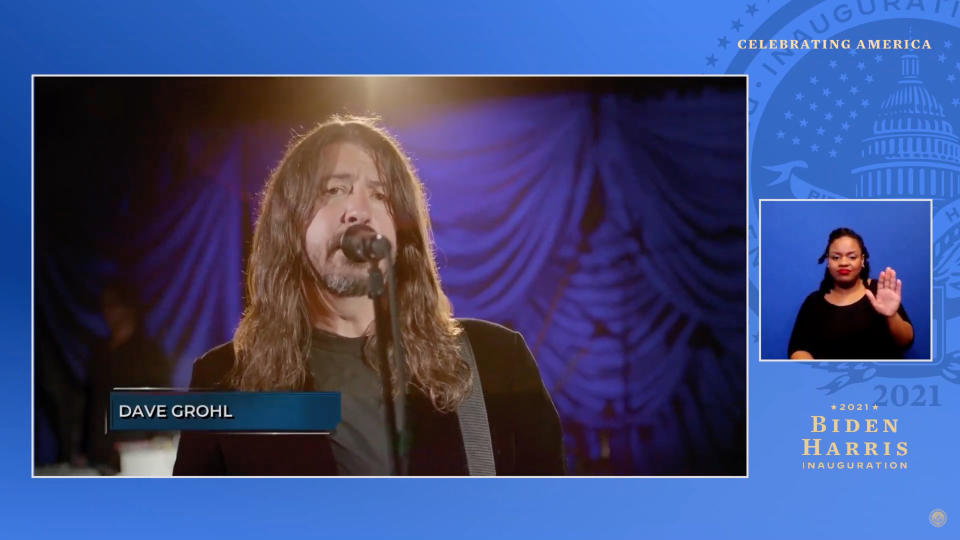 UNSPECIFIED - JANUARY 20: In this screengrab, Dave Grohl of Foo Fighters performs during the Celebrating America Primetime Special on January 20, 2021. The livestream event hosted by Tom Hanks features remarks by president-elect Joe Biden and vice president-elect Kamala Harris and performances representing diverse American talent.  (Photo by Handout/Biden Inaugural Committee via Getty Images )