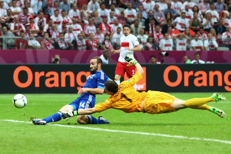 WARSAW, POLAND - JUNE 08: Wojciech Szczesny of Poland fails to stop Dimitris Salpigidis of Greece score the equalising goal during the UEFA EURO 2012 group A match between Poland and Greece at The National Stadium on June 8, 2012 in Warsaw, Poland. (Photo by Michael Steele/Getty Images)