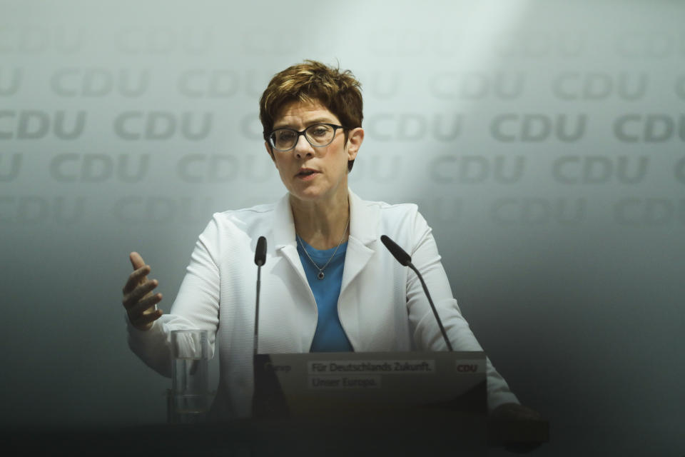 German Christian Democratic Union party chairwoman Annegret Kramp-Karrenbauer attends a news conference after a board meeting at the party's headquarters in Berlin, Monday, May 27, 2019. Germany's governing parties slid to their worst post-World War II showing in a nationwide election at the European Parliament elections yesterday. Chancellor Angele Merkel's center-right Union bloc drops down from 35.4 to 28.9 percents. (AP Photo/Markus Schreiber)