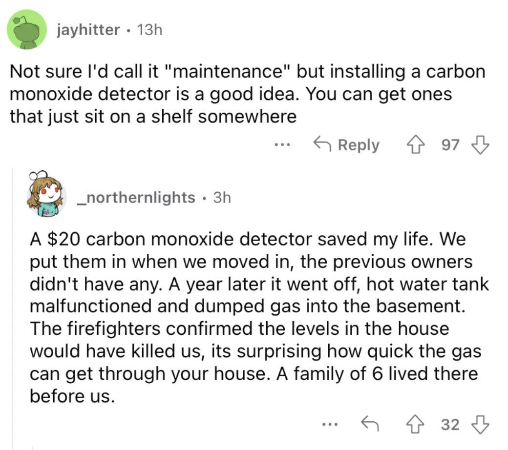 Reddit screenshot about the value of installing carbon monoxide detector.