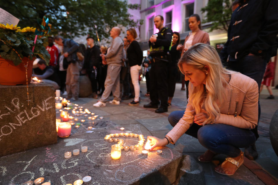 Tributes to the victims in St Ann's Square, Manchester, a week after the Manchester Arena terror attack. (PA)