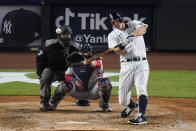 New York Yankees' DJ LeMahieu hits a home run during the sixth inning of a baseball game against the Washington Nationals, Friday, May 7, 2021, in New York. (AP Photo/Frank Franklin II)