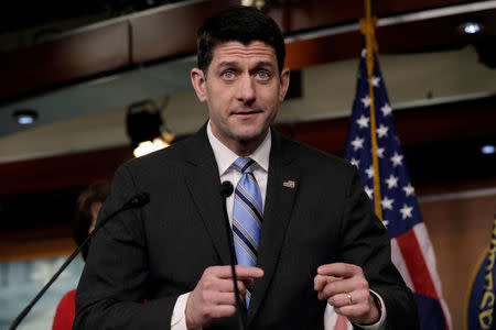 House Speaker Paul Ryan (R-WI) speaks at a news conference with Republican leaders after a closed conference on Capitol Hill in Washington, U.S., February 14, 2018. REUTERS/Yuri Gripas