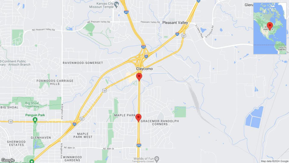 A detailed map that shows the affected road due to 'Crash update: I-435' on January 1st at 2:12 p.m.