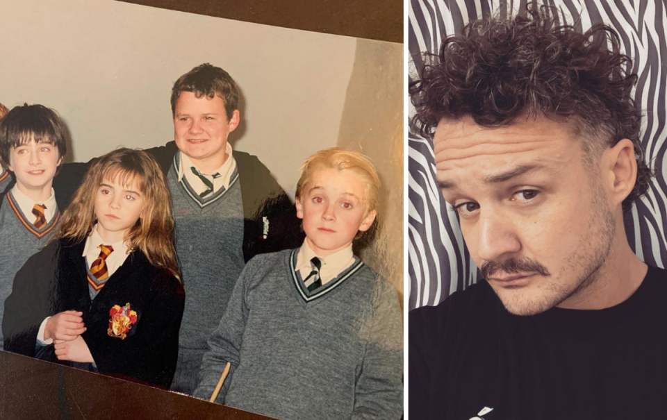 Josh Herdman today next to a photo from his time with Harry Potter