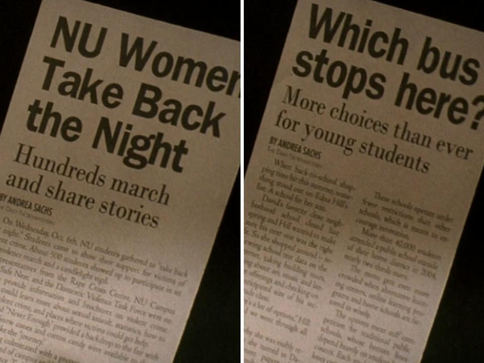 (left) newspaper clipping titled "NU Women Take Back the Night" (right) newspaper clipping titled "Which bus stops here?"