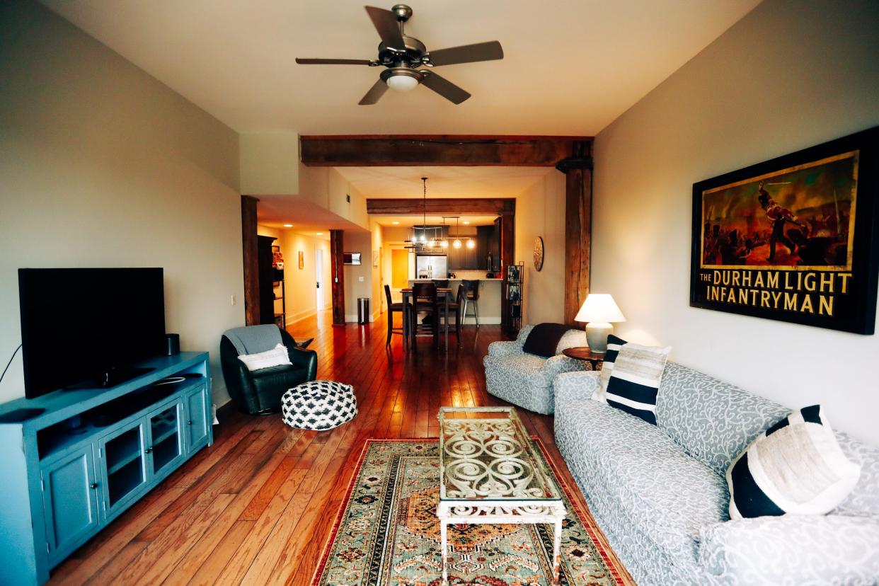 The living room can be seen inside of a unit at St. Martin Condos on Thursday, April 25, 2024 at 137 G E Patterson in Memphis, Tenn.